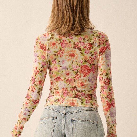 Promesa Floral Long Sleeve Top in Pink and Cream - Picture 3 of 10